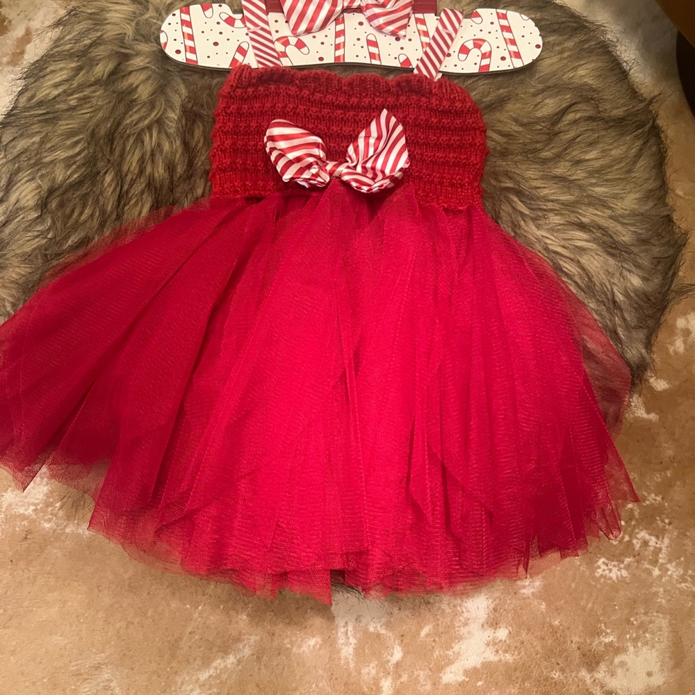 Infant Red Tulle Dress with Striped Bow